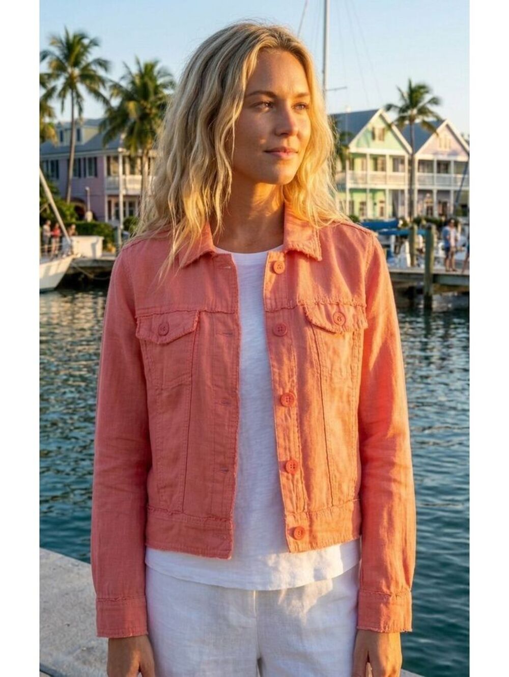 Tommy Bahama Coral Linen Cropped Jacket Women's XXS Raw Edge Coastal TW310640